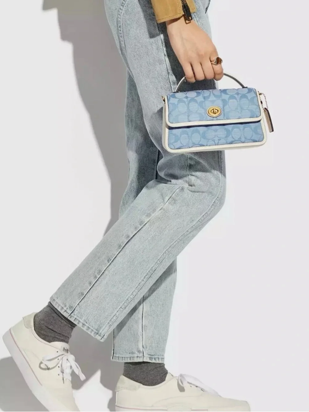 Coach Light Blue Signature Quilted Crossbody with Cream Trim and Gold Hardware